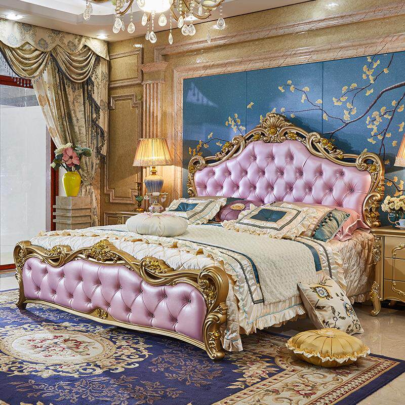 欧式床香槟金 主卧双人床雕花皮床1.5m1.8米公主婚床工程民宿