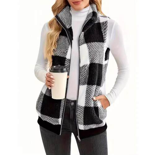 Women's vest, plaid plush cardigan, standing collar