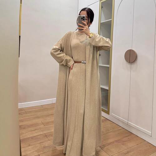 Women's round neck dress, cardigan, long coat, two pieces