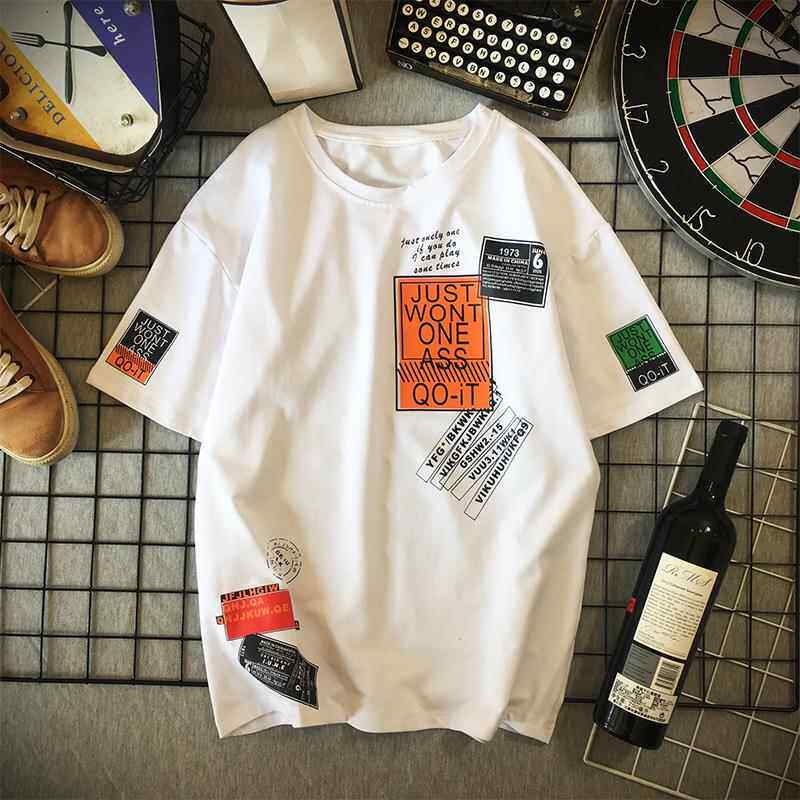 仓市一舒时尚品牌个性贴片短袖t恤男士日式百搭印花大码圆领上衣