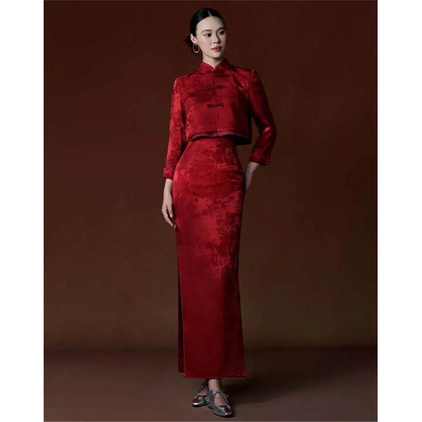 Ocnltiy新中式喜嫁礼服红色敬酒服新娘旗袍晨袍女新款长袖套装裙