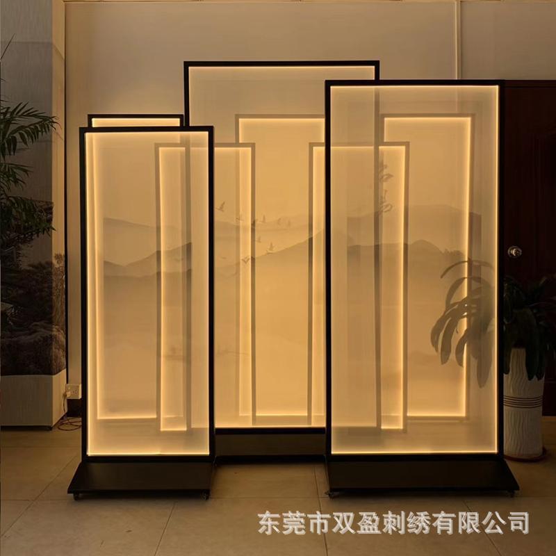 国画仿苏绣湘绣双面半透明纱布画实木屏风玄关画刺绣物质文化遗产