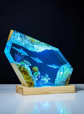 海洋生物环氧树脂灯海豚海龟树脂木夜灯家居装饰礼物树脂摆件