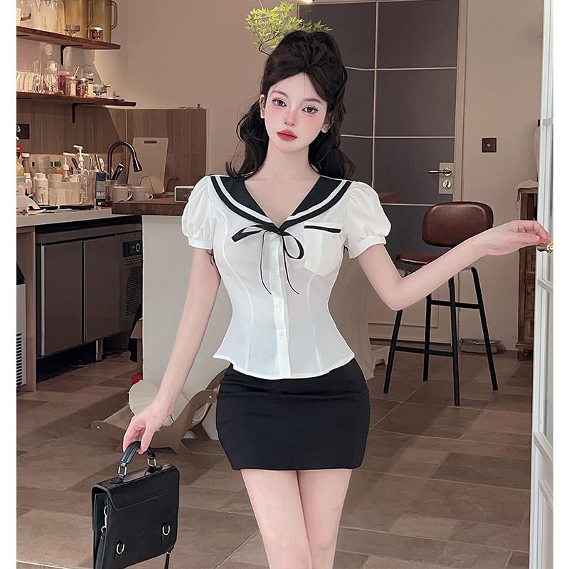 纯欲辣妹制服收腰包臀性感柔式短袖白衬衫足浴工作服技师女套装