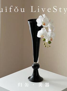 归缶中古花瓶小众设计黑色法式高脚花器两用客厅高级感琉璃摆件