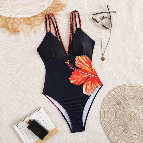 One-piece swimsuit with black Bauhinia flower crochet for