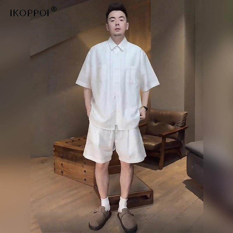 轻奢男士新款老钱风天丝亚麻休闲 套装2025夏季薄款衬衫短裤两件