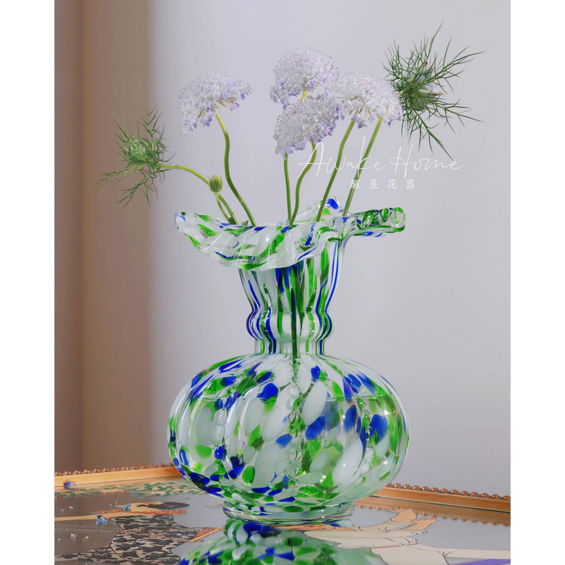 中古法式芬顿风可爱蓝绿点小清新马蹄莲花瓶桌面轻奢软装花器摆件