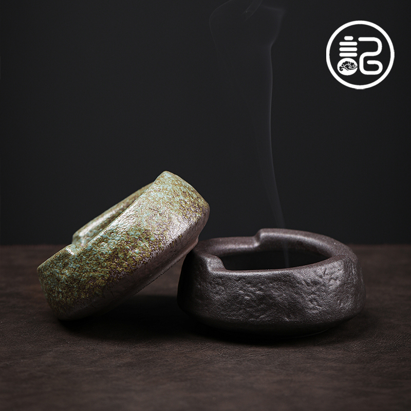 记今朝《复古粗陶烟灰缸》防风陶瓷 茶桌办公室家用装饰器皿日式