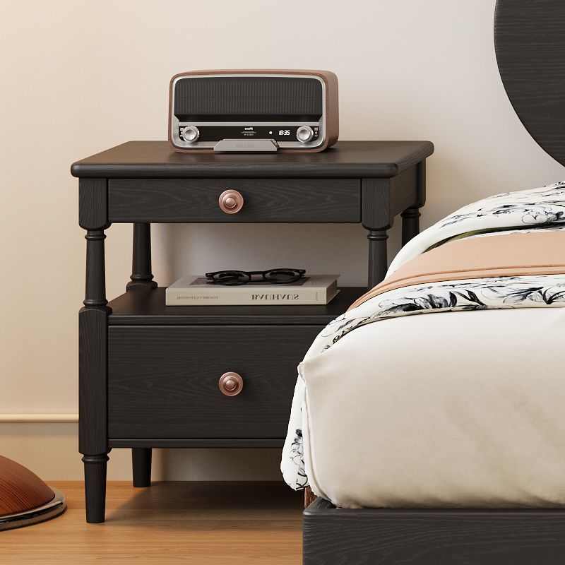 法式复古黑色白蜡木实木床头柜小型卧室省空间家用床边收纳柜边柜