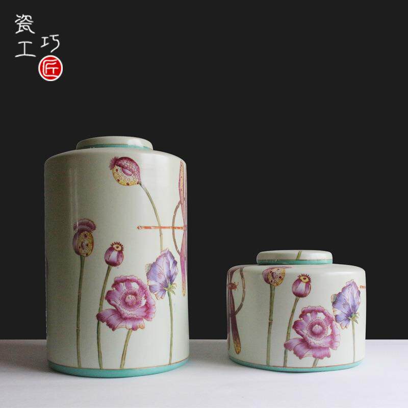 欧式粉彩陶瓷圆罐客厅酒柜电视柜茶几摆件创意家居玄关家装饰罐子