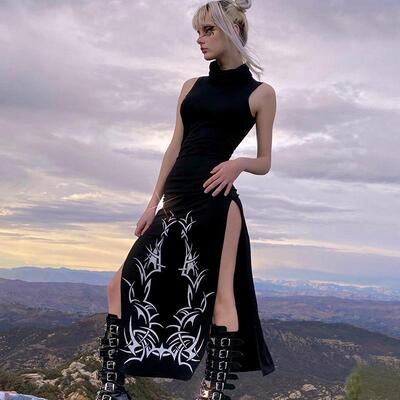 Dark style sleeveless high neck tight long high slit