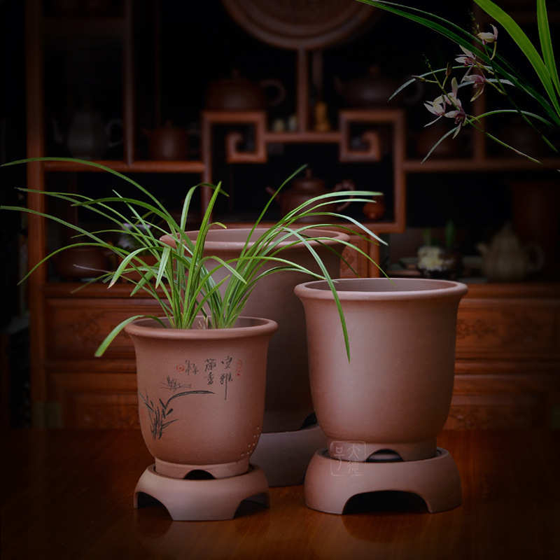 紫砂花盆宜兴花盆带托盘简约古典植物金钟盆栽吊兰君子兰陶瓷花盆