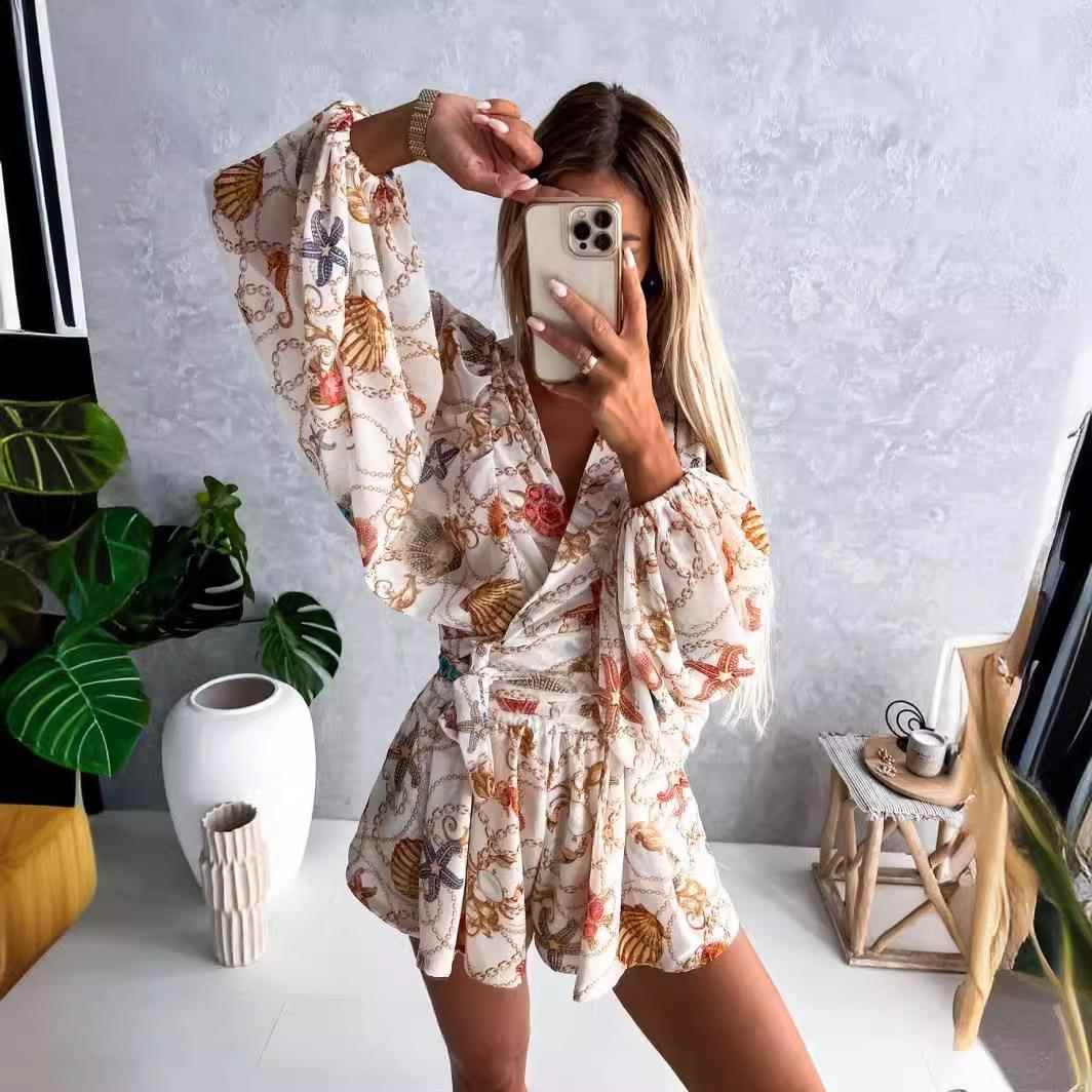 and Casual lantern suit long-sleeved V-neck two-piece top