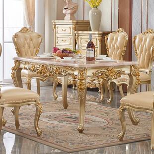 欧式大理石餐桌椅组合全实木香槟色雕花6-8人轻奢长方形家用饭桌