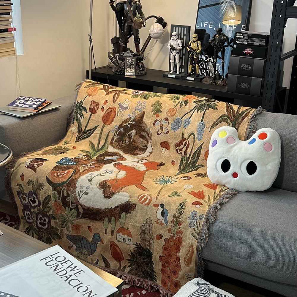 韩式治愈猫咪毯子一无是处单双人沙发毯垫床头背景布挂毯万能盖巾