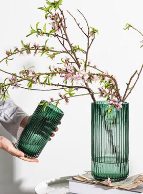 罗马柱简约竖条纹加厚玻璃花瓶插瓶身绿色灰色弧形底花器桌面摆件