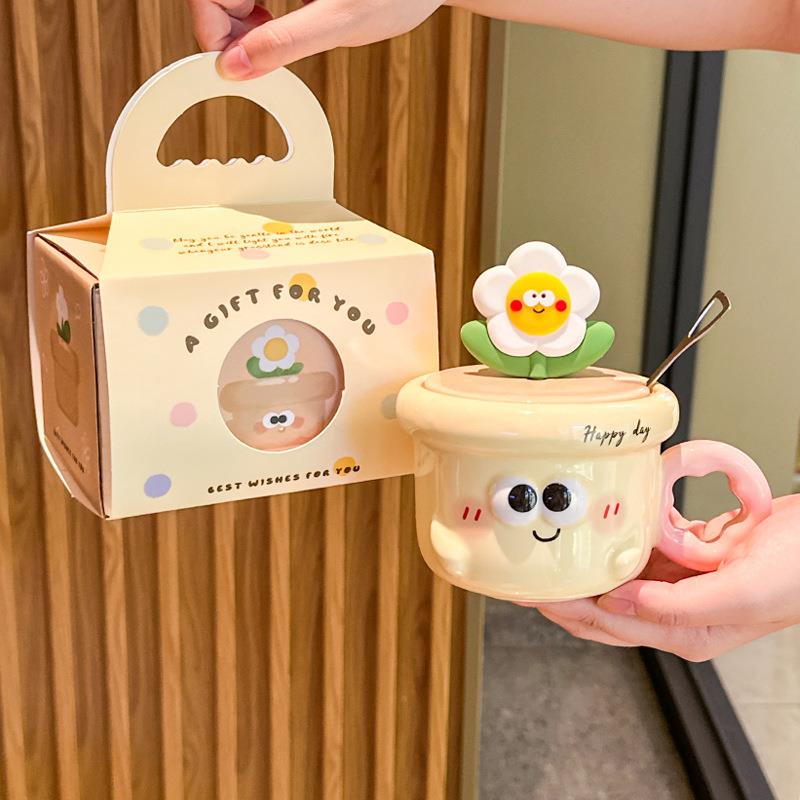 可爱卡通生日礼物蛋糕陶瓷杯子女生马克杯带盖高颜值情侣水杯家用
