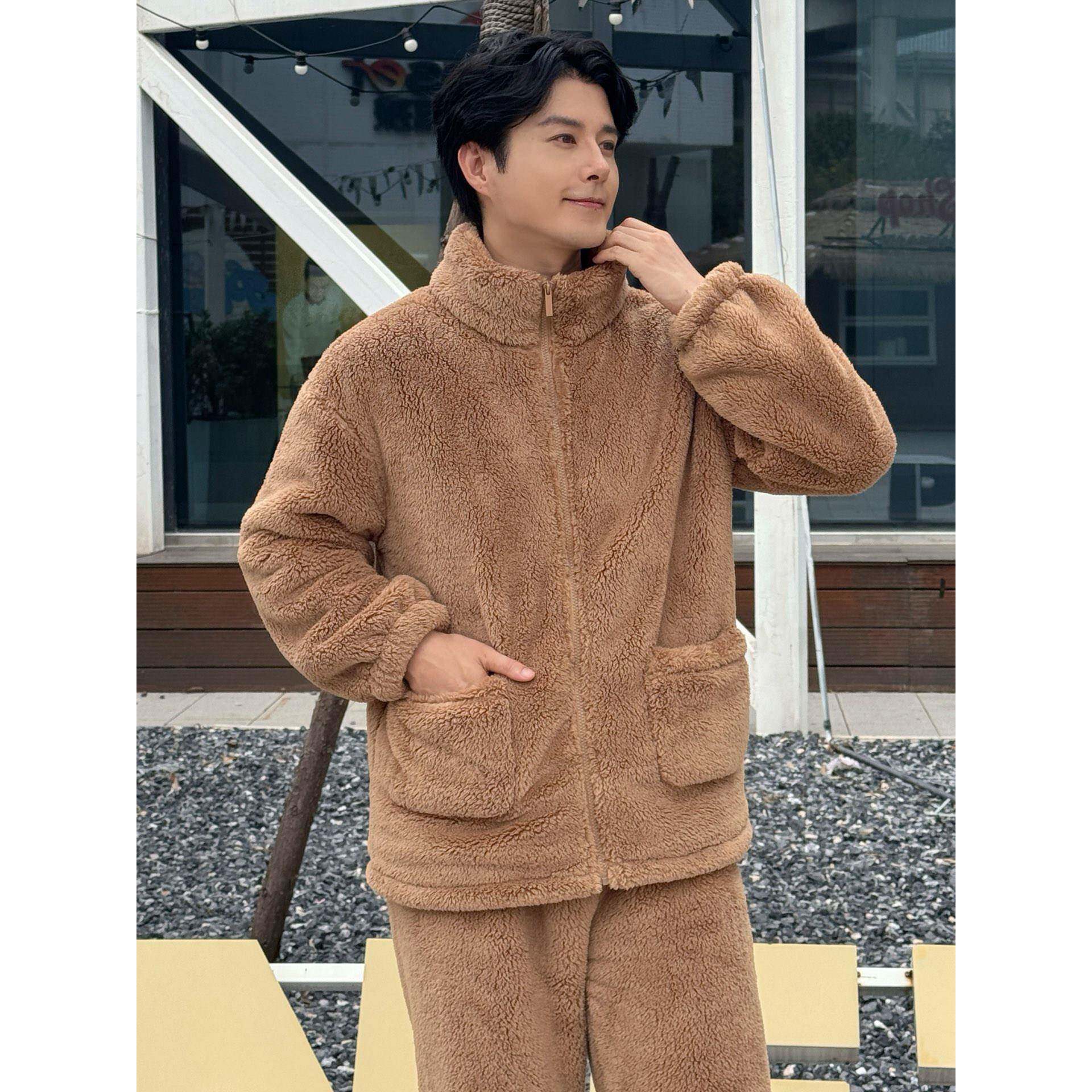 韩版潮流男士立领拉链北极绒睡衣冬季休闲外穿加绒加厚保暖家居服