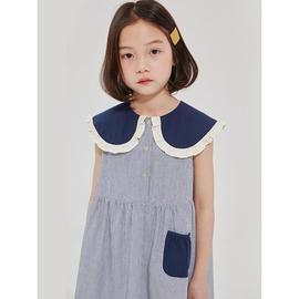 女童连衣裙夏装2023儿童蓝色条纹纯棉甜美花边领洋气无袖裙