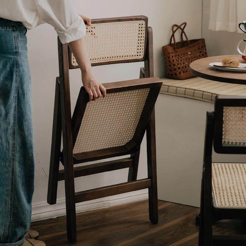中覆古风黑胡桃实木折叠椅户外法式家用靠背藤编餐椅子侘寂收纳凳