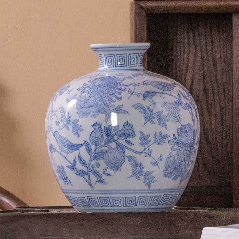 淡雅青花瓷石榴花瓶水培花客厅高档插花装饰品摆件艺术花器花瓶