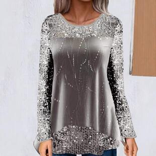 long sleeved hem Bead printed women top patchwork
