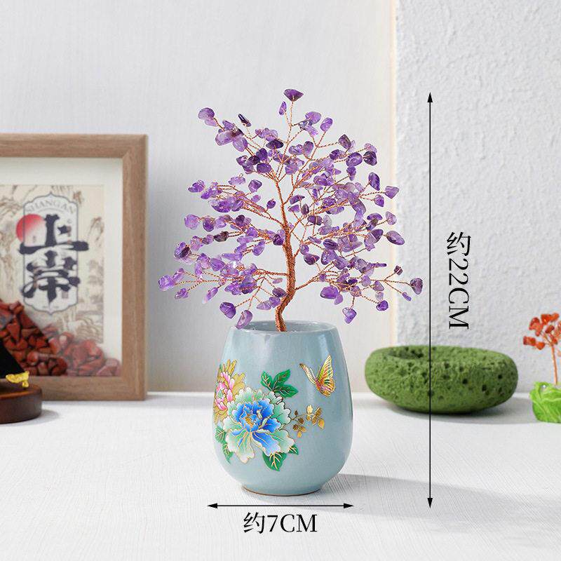 天然水晶碎石陶瓷花摇钱树水晶工艺品公室桌面发财树装饰摆件