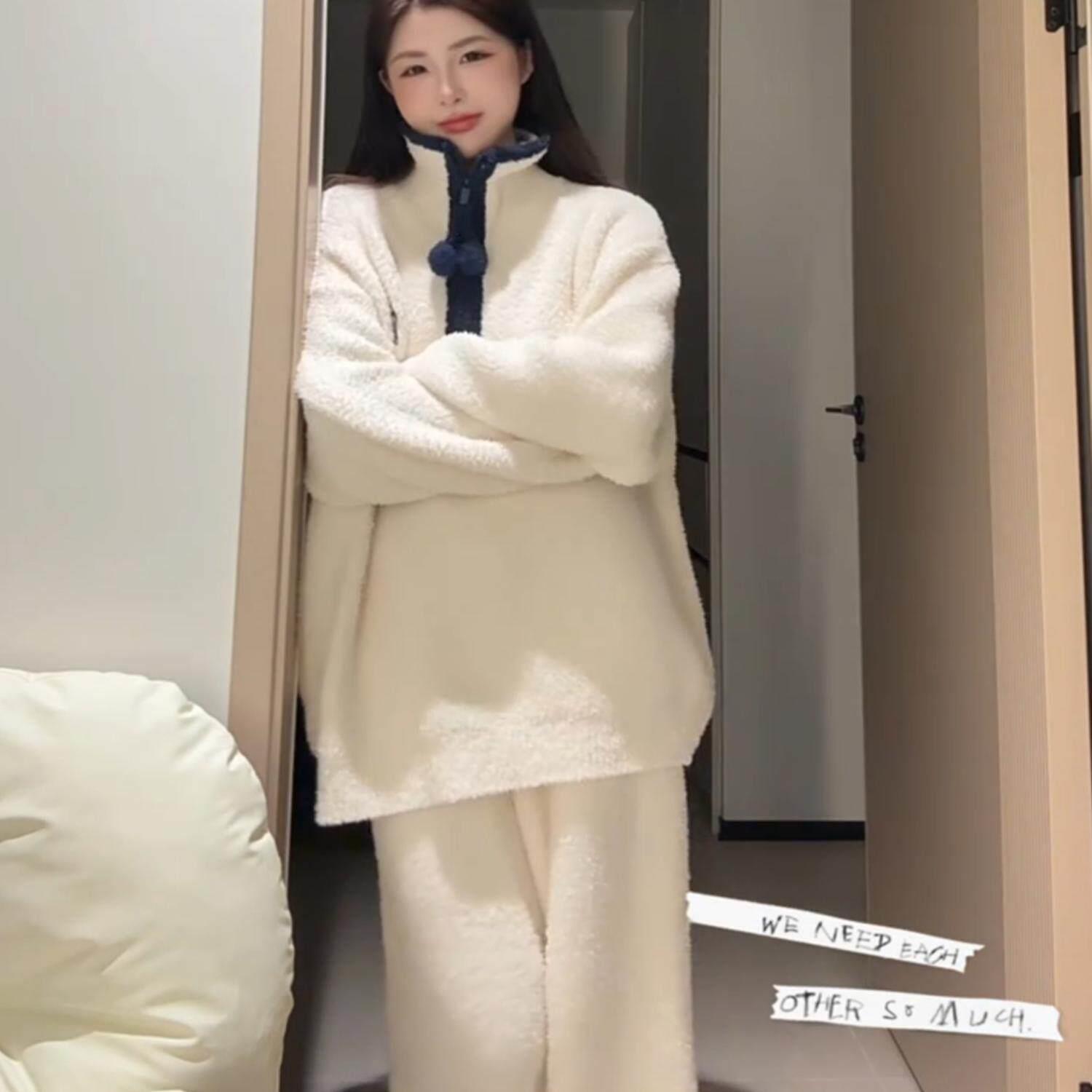 日系撞色翻领半边绒睡衣女冬天加绒加厚家居服套装秋冬季2024新款