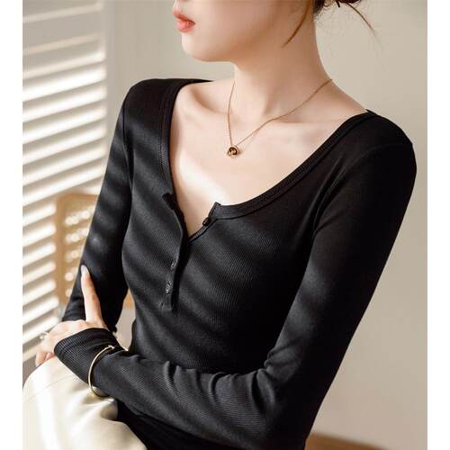 Women'S Casual Slim Fit Long Sleeve Round Neck Button Top