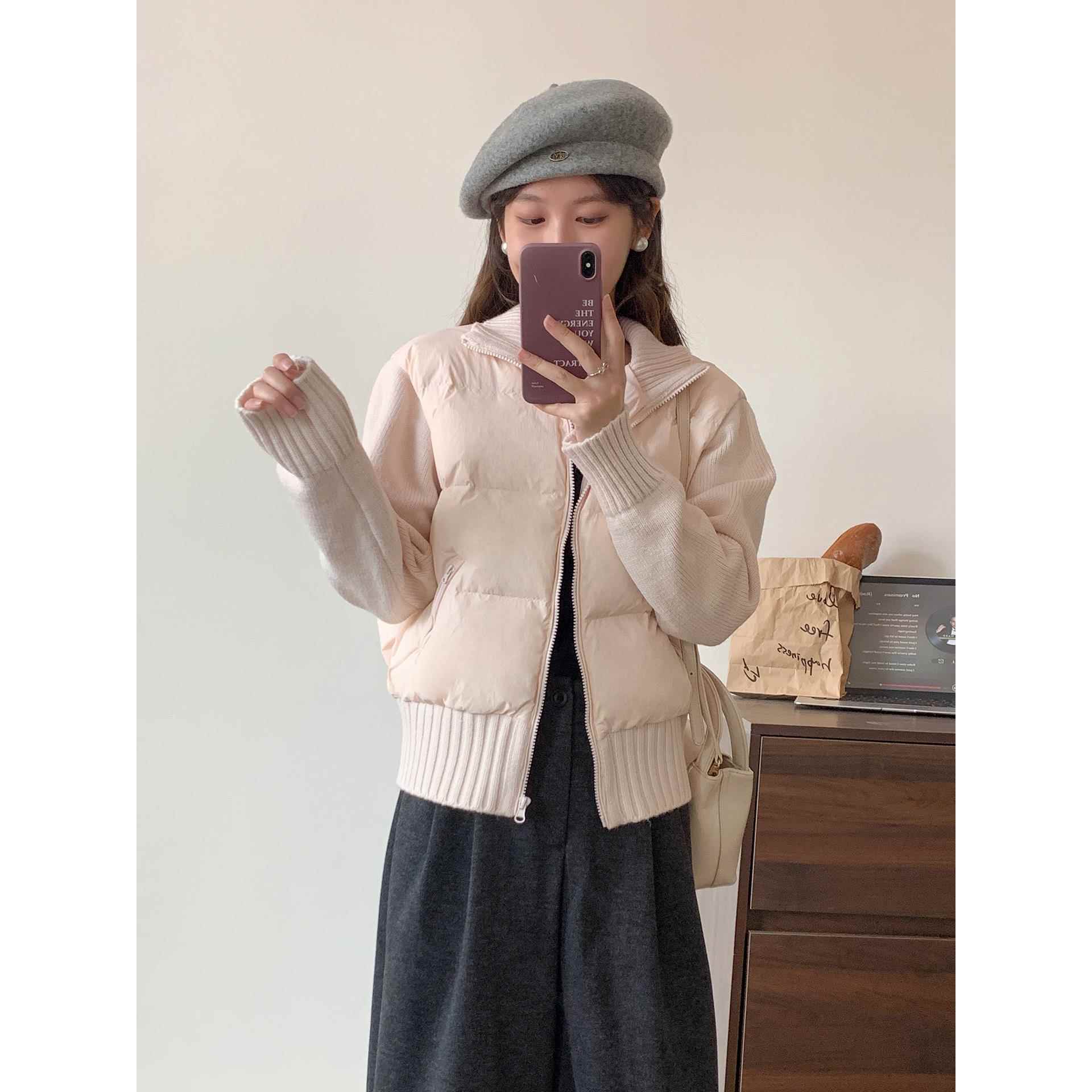 韩式针织拼接羽绒服2025冬季新款小90白鸭绒立领短外套