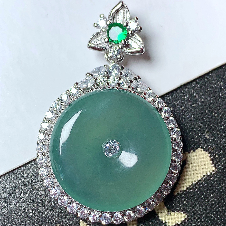 天然翡翠玉扣男女正品A货925豪华镶嵌冰润浅绿平安扣吊坠7.21g