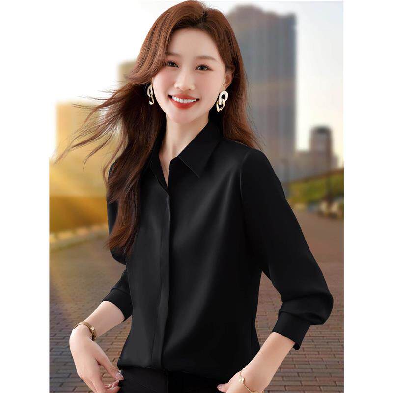 黑色衬衫女长袖2026春秋新款职业工作服雪纺上衣通勤气质打底衬衣