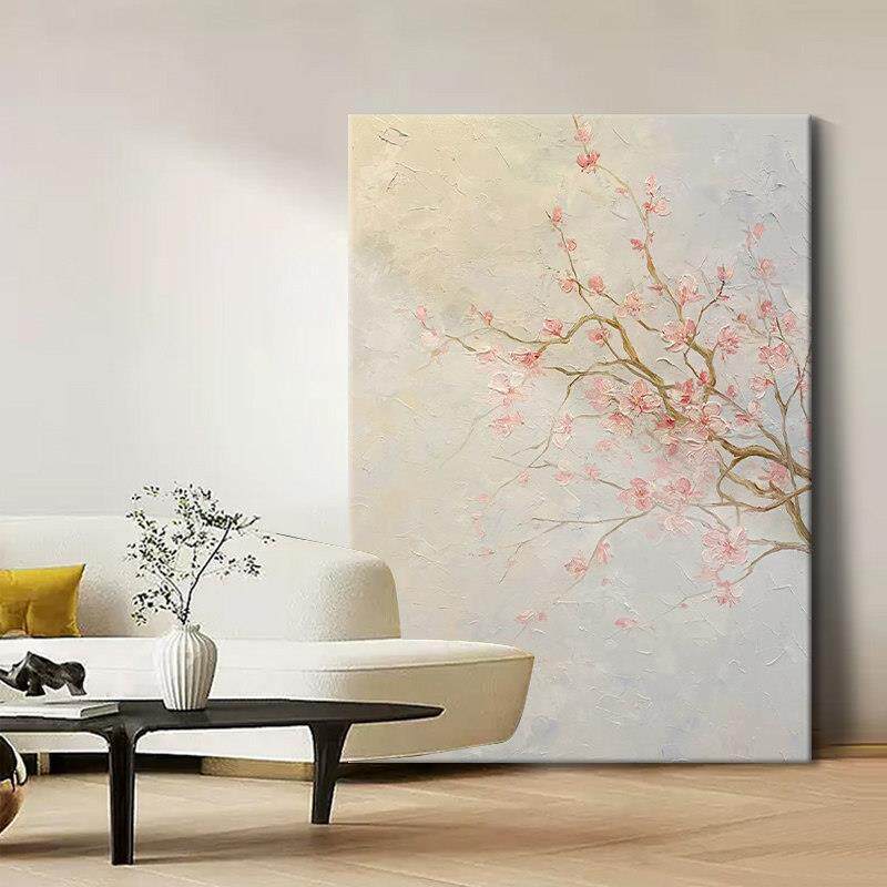 红色桃花手绘油画现代落地大幅花卉装饰画客厅玄关石英砂肌理挂画