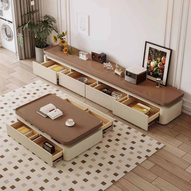 2025现代简约风奶咖色茶几家用客厅带抽屉茶几电视柜组合套装,商业/办公家具,茶几,淘宝优惠券,粉丝福利购,淘宝优惠卷