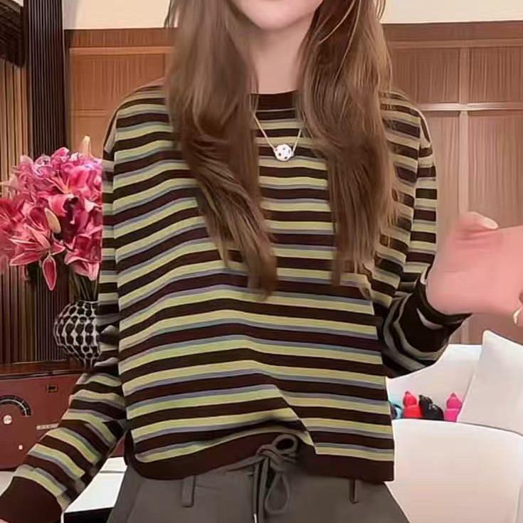 极速复古条纹长袖t恤女2026秋季新款慵懒风宽松圆领套头休闲显瘦