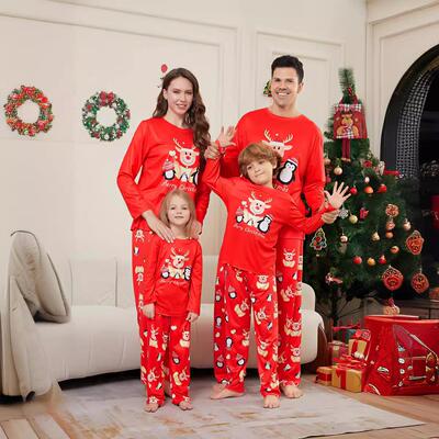 Full house couple outfit, deer head penguin print red home