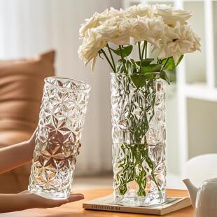 富贵竹专用花瓶轻奢钻石纹玻璃花瓶大号透明水培富贵竹鲜花客厅桌