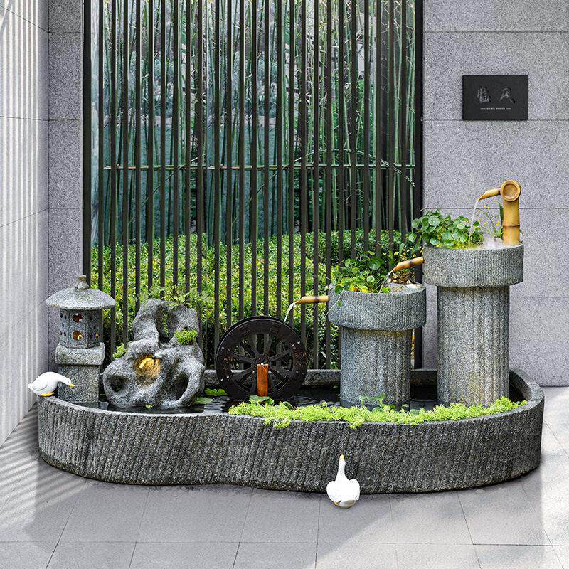 田园风石磨流水喷泉摆件鱼池户外花园庭院露台装饰假山循环水景观