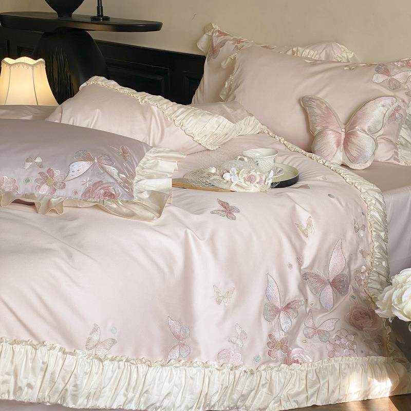 法式公主100S贡缎全棉长绒棉四件套蝴蝶刺绣纯棉被套床单床上用品