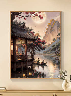 江南的夜古风建筑diy数字油画手绘画画填色中国风丙烯油彩装饰画