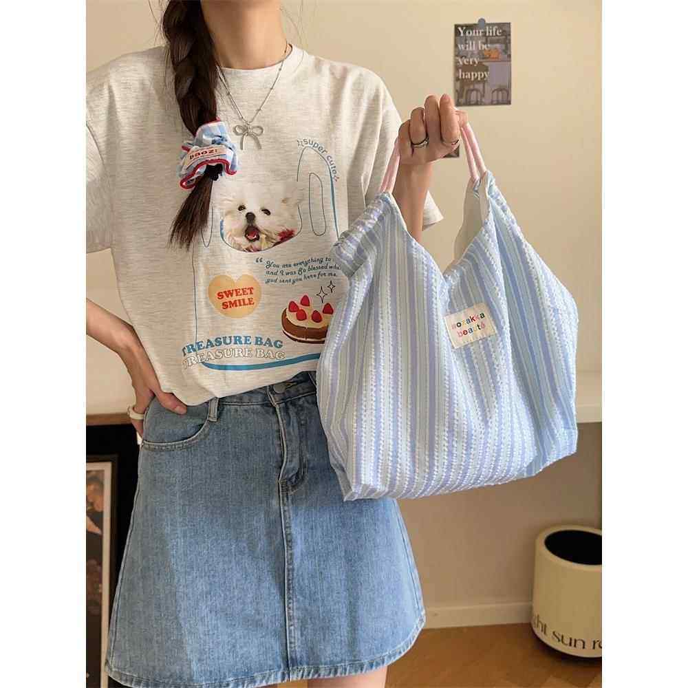 ins条纹帆布袋手提包包女大容量学生旅行轻便上班通勤百搭单肩包,箱包皮具/热销女包/男包,时尚帆布包,淘宝优惠券,粉丝福利购,淘宝优惠卷