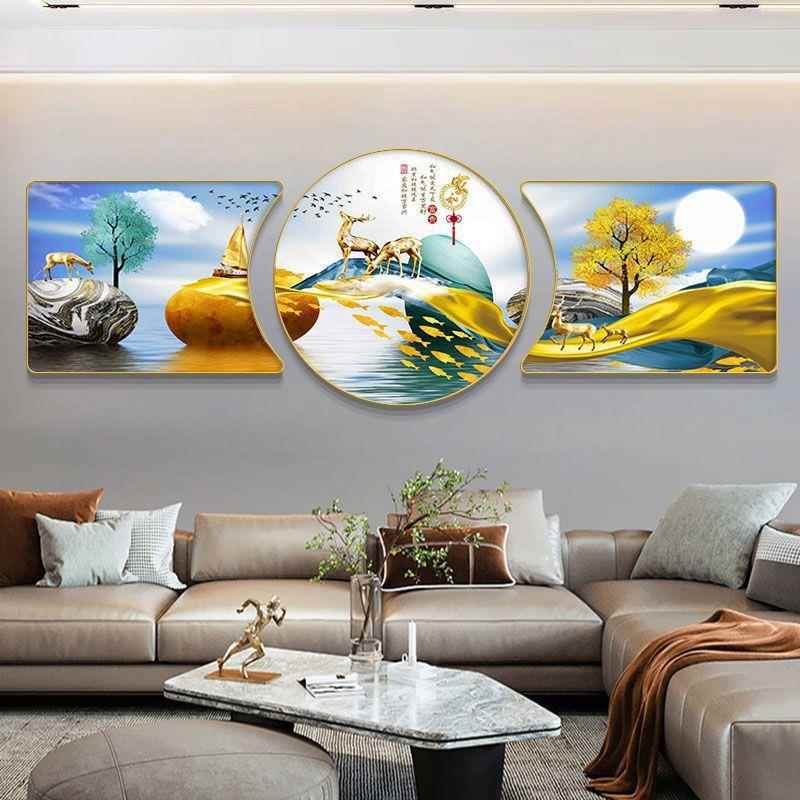 新款直销大芬油画村客厅挂画装饰画现代轻奢沙发背景墙三联画晶瓷