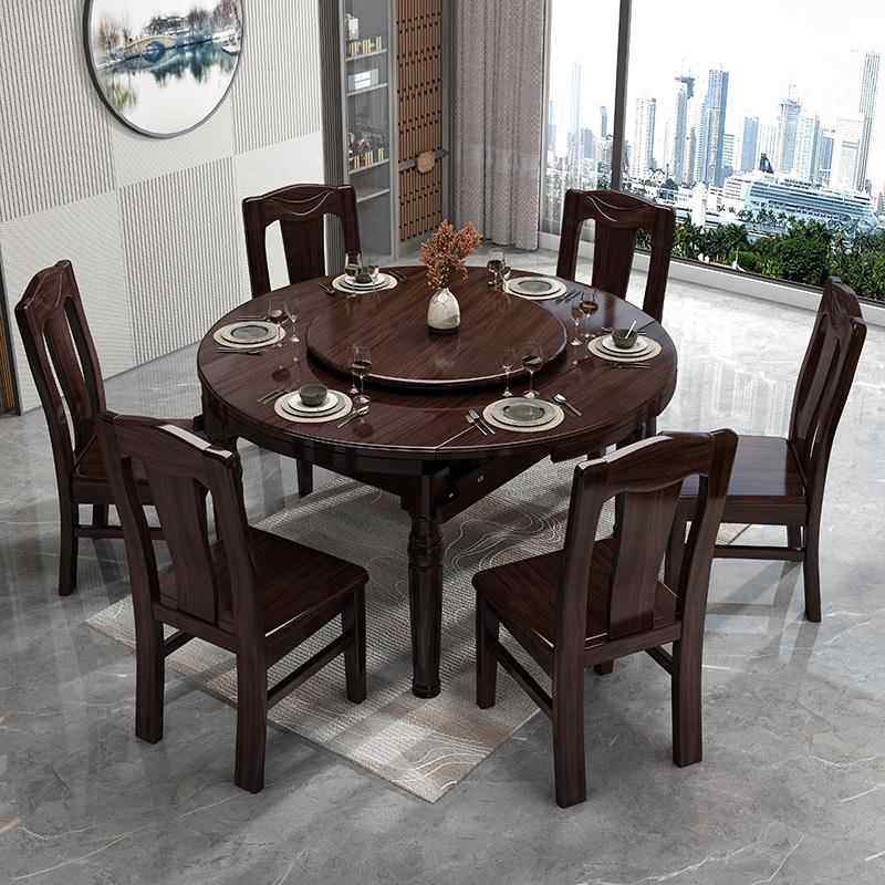 新中式紫金檀木实木餐桌方圆两用可变圆桌折叠伸缩家用饭桌组合H