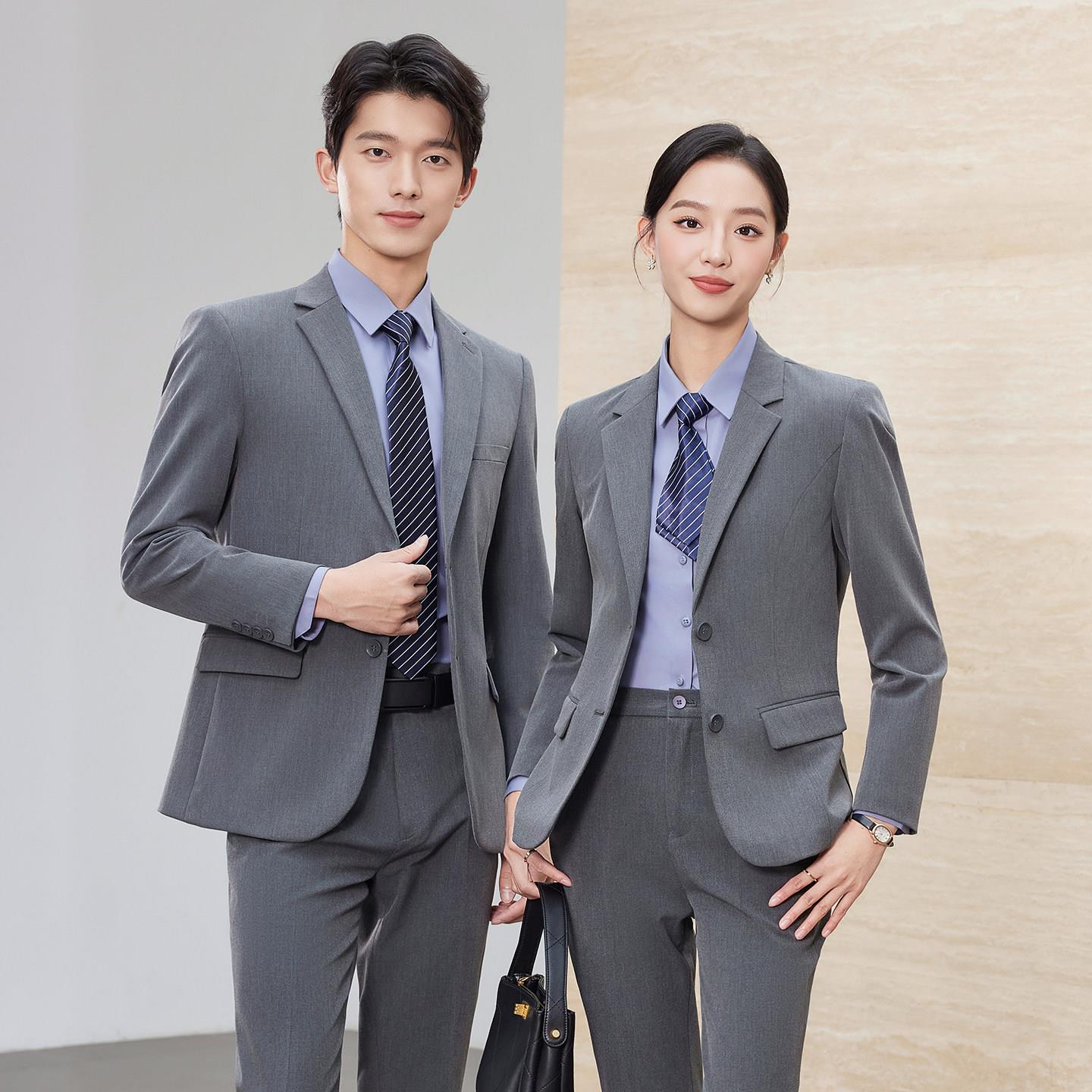 弹力灰色西服套装男女职业装商务西装正装房地产4S店售楼部工作服