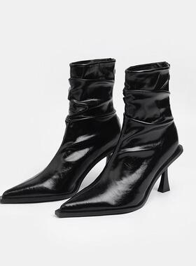 QVU~品牌专柜！气质尖头细跟短筒女靴堆堆靴后拉链时装法式瘦瘦靴