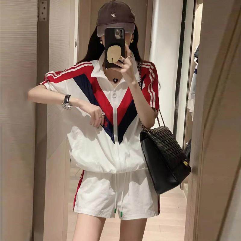 欧洲站休闲 运动套装女夏季2025新款时尚洋派网红拼色短袖两件套