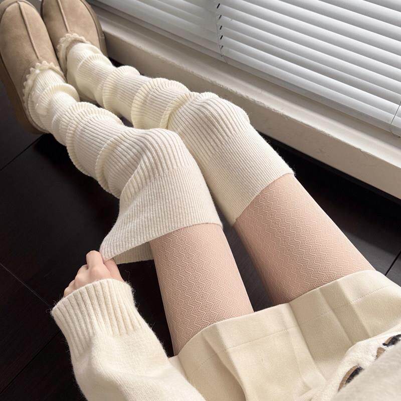 jk奶白色袜套女秋冬款加厚保暖咖色高筒泡泡袜烟灰色加长过膝腿套