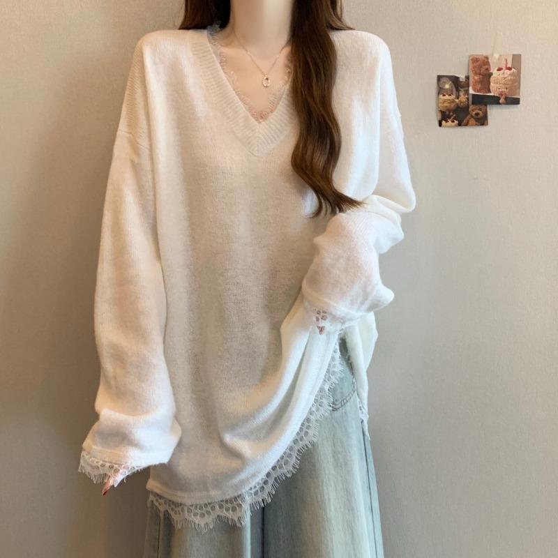 好货蕾丝V领针织衫女秋冬2026欧货白色毛衣大码胖mm中长款打底衫