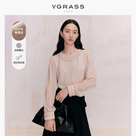 VGRASS法式泡泡袖水滴领气质真丝衬衫女春季独特镂空蕾丝拼接
